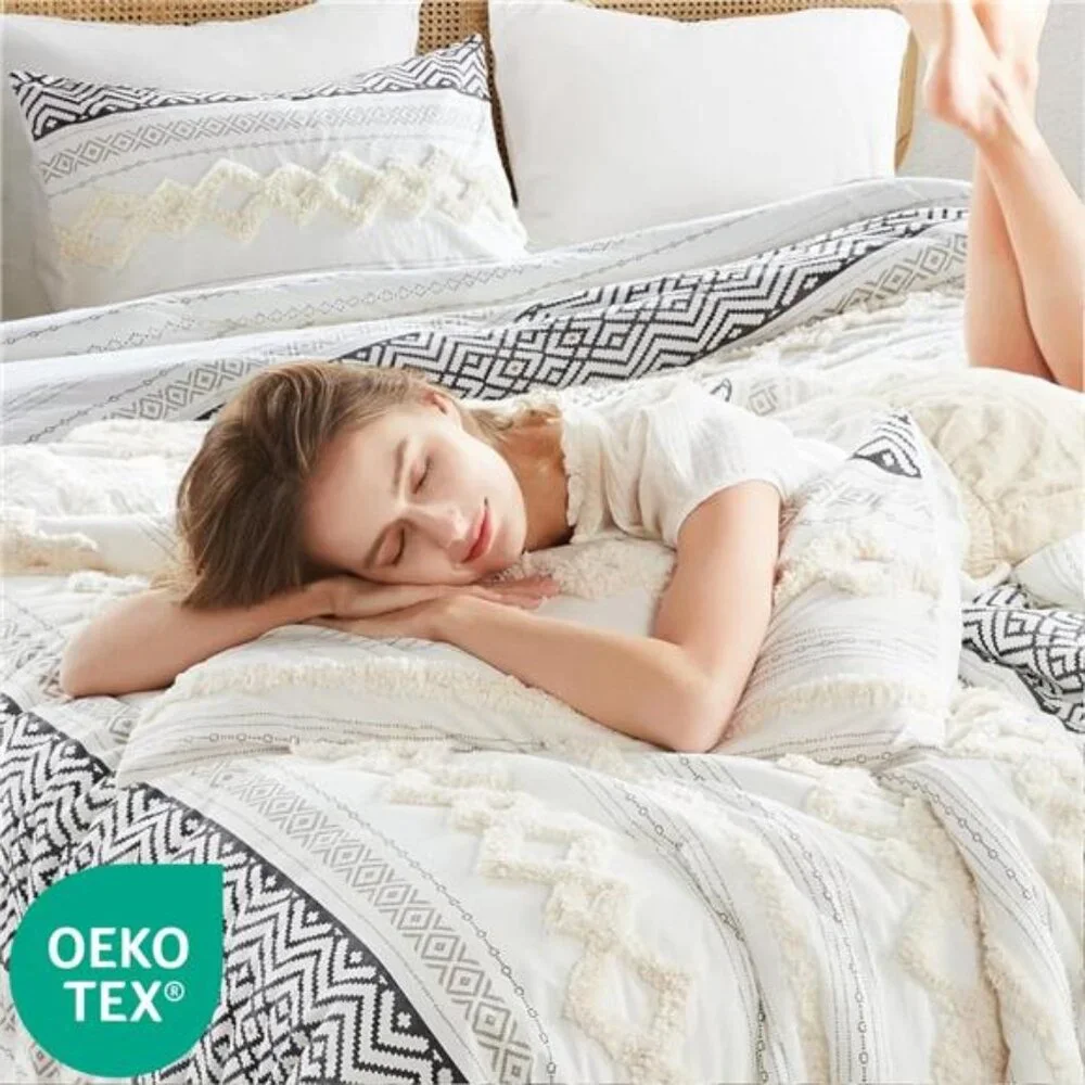 Farmhouse Bedding Comforter Sets, Ivory Full/Queen Size Boho Bed Set,Cotton